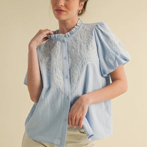 &Merci - Embroidered Button Down Bubble Sleeve Top