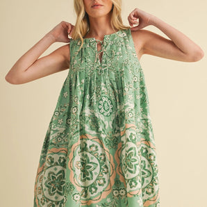 &Merci - Sage Print Mini Dress with Pleating