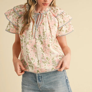 &Merci - Pink Flutter Sleeve Contrast Binding Top
