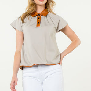 THML - Taupe Faux Leather Collared Short Sleeve Top - FINAL SALE