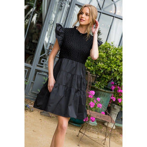 THML - Black Smocked Poplin Tiered Dress