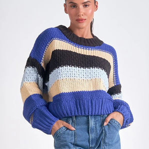 Elan - Crew Neck Blue Stripe Cropped Sweater