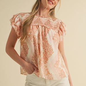 &Merci - Print Smocked Yoke Ruffle Trim Top