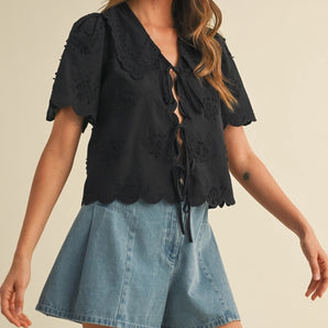 &Merci - Black Tie Front Collared Lace Top