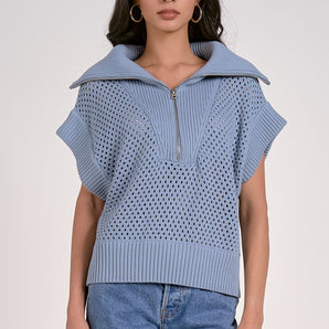 Elan - 1/4 Zip Big Collar Blue Top