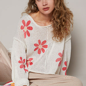 Pol - Ivory Pink Daisy Round Neck Sweater