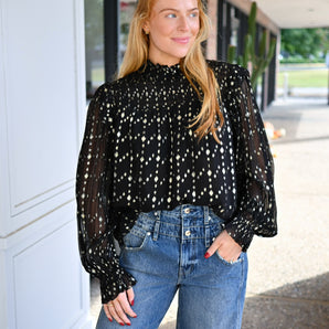 Elan - Black Geo Print Mock Neck Long Sleeve Top