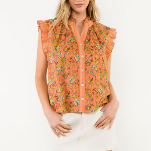 THML - Coral Ruffle Sleeve Flower Print Top