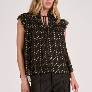 Elan - Black Geo Print Sleeveless Tie Neck Top