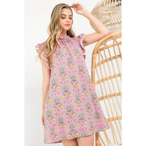 THML - Pink Flower Print Ruffle Sleeve Dress