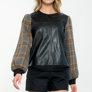 THML - Mixed Media Long Sleeve Leather Shirt