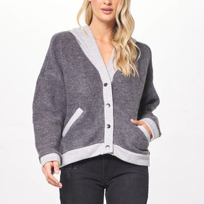 Vintage Havana - Heather Grey Novelty Button Front Hooded Cardigan